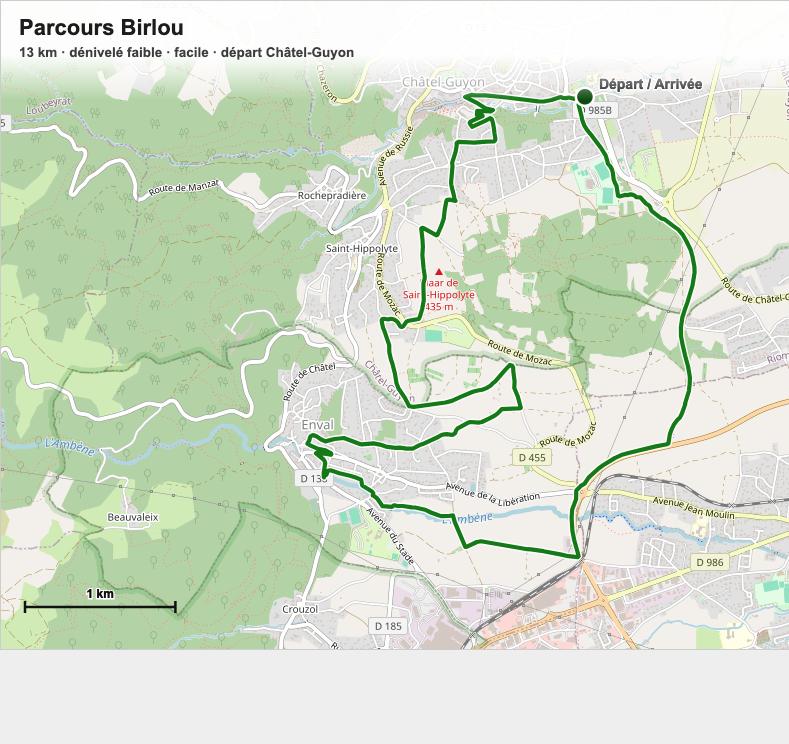 Carte du parcours du Birlou, circuit VTT vers les gorges d'Enval