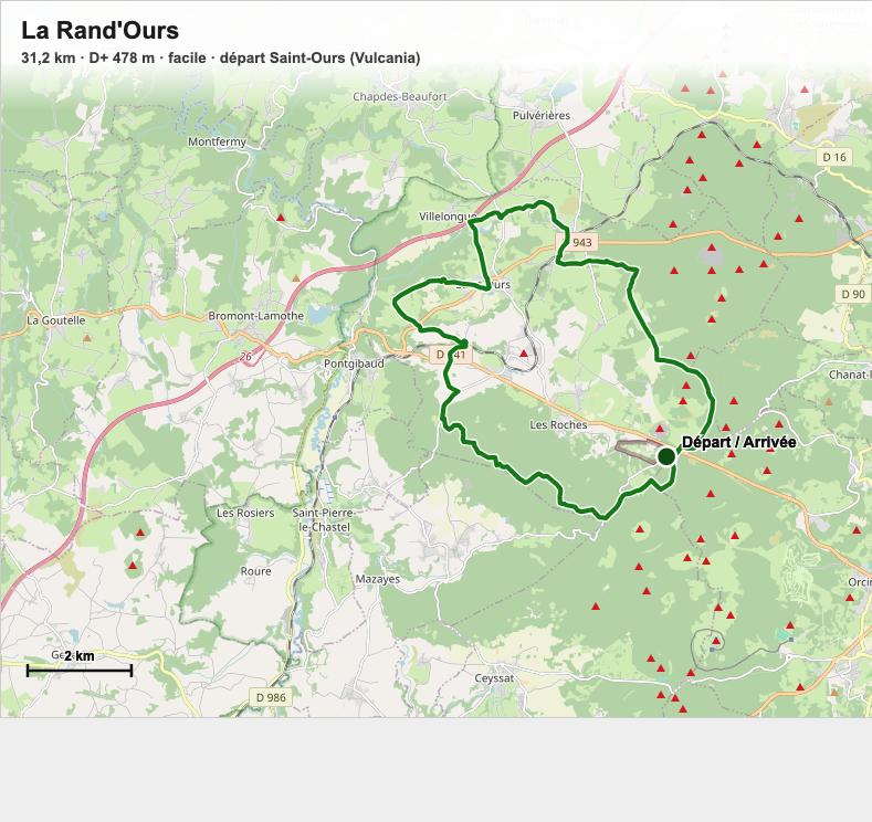 Carte du parcours de la Rand'Ours, circuit VTT sur les traces de Vulcania
