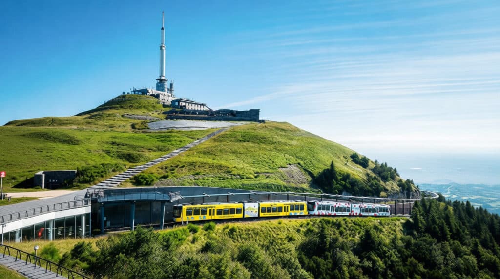 Le train jaune et blanc du Panoramique des Dômes circule sur le flanc verdoyant du Puy de Dôme, sous un ciel bleu clair.